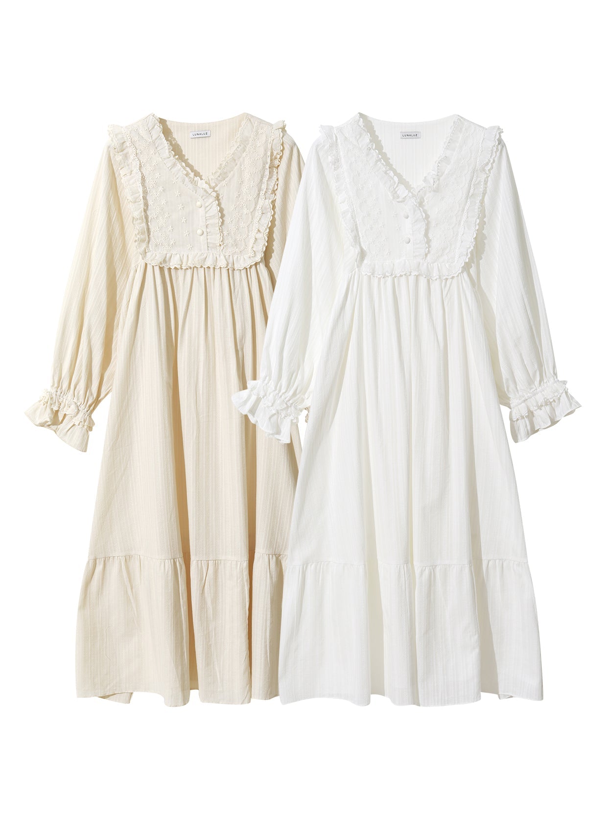 Daphne Cotton V - Neck Long - Sleeve Nightdress (2 Colors) - premium Korean sleepwear by LUNALUZ