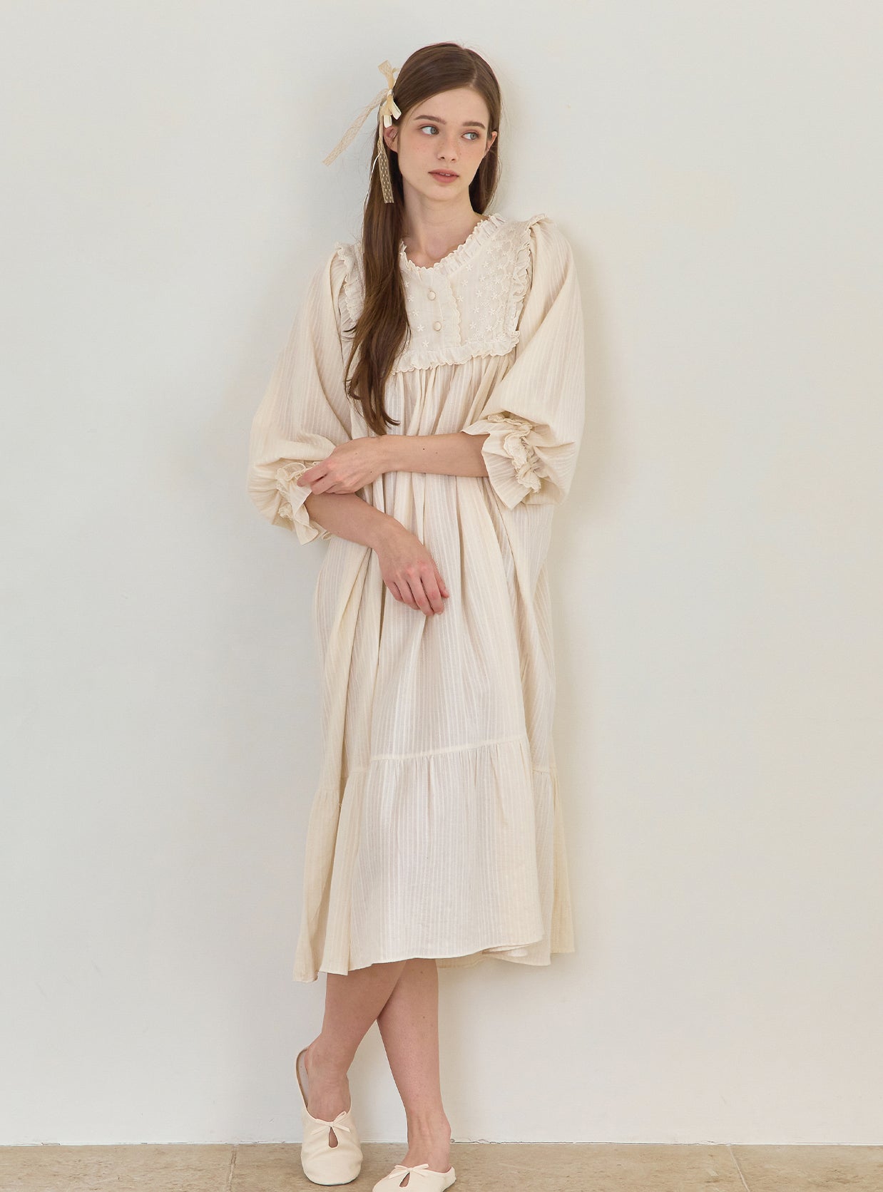 Daphne Cotton V - Neck Long - Sleeve Nightdress (2 Colors) - premium Korean sleepwear by LUNALUZ