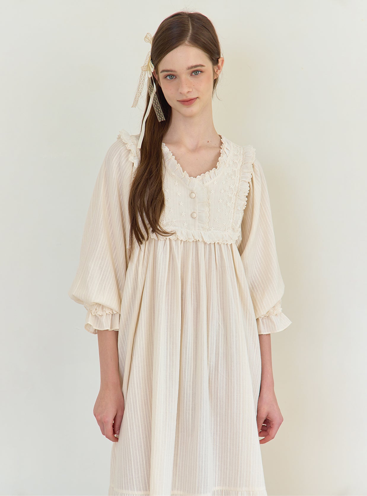 Daphne Cotton V - Neck Long - Sleeve Nightdress (2 Colors) - premium Korean sleepwear by LUNALUZ