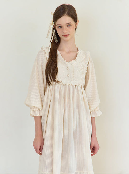 Daphne Cotton V - Neck Long - Sleeve Nightdress (2 Colors) - premium Korean sleepwear by LUNALUZ