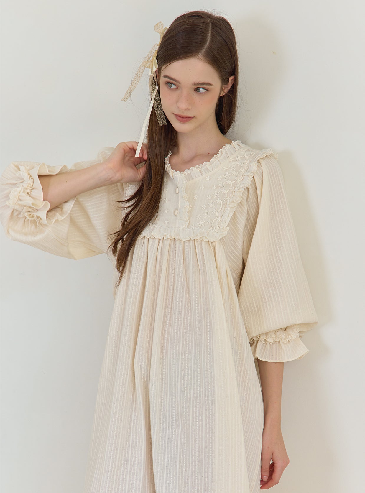 Daphne Cotton V - Neck Long - Sleeve Nightdress (2 Colors) - premium Korean sleepwear by LUNALUZ