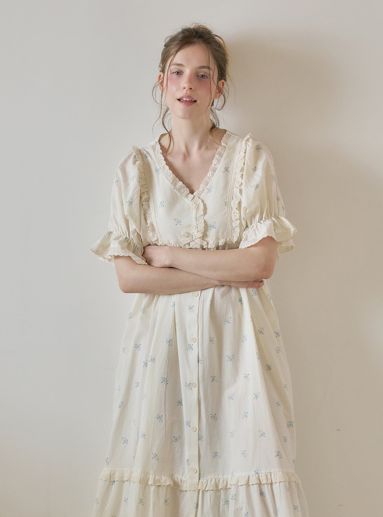 DeMarie Cotton Short Sleeve V - Neck Dress (Sleepwear) - premium Korean sleepwear by LUNALUZ