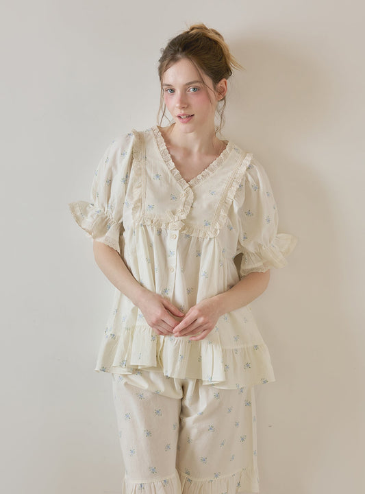 DeMarie Cotton Short Sleeve V - Neck Pajama Set - premium Korean sleepwear by LUNALUZ