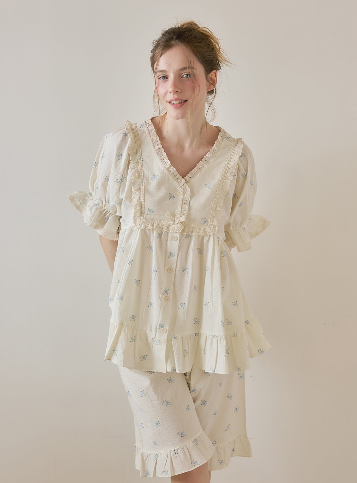 DeMarie Cotton Short Sleeve V - Neck Pajama Set - premium Korean sleepwear by LUNALUZ