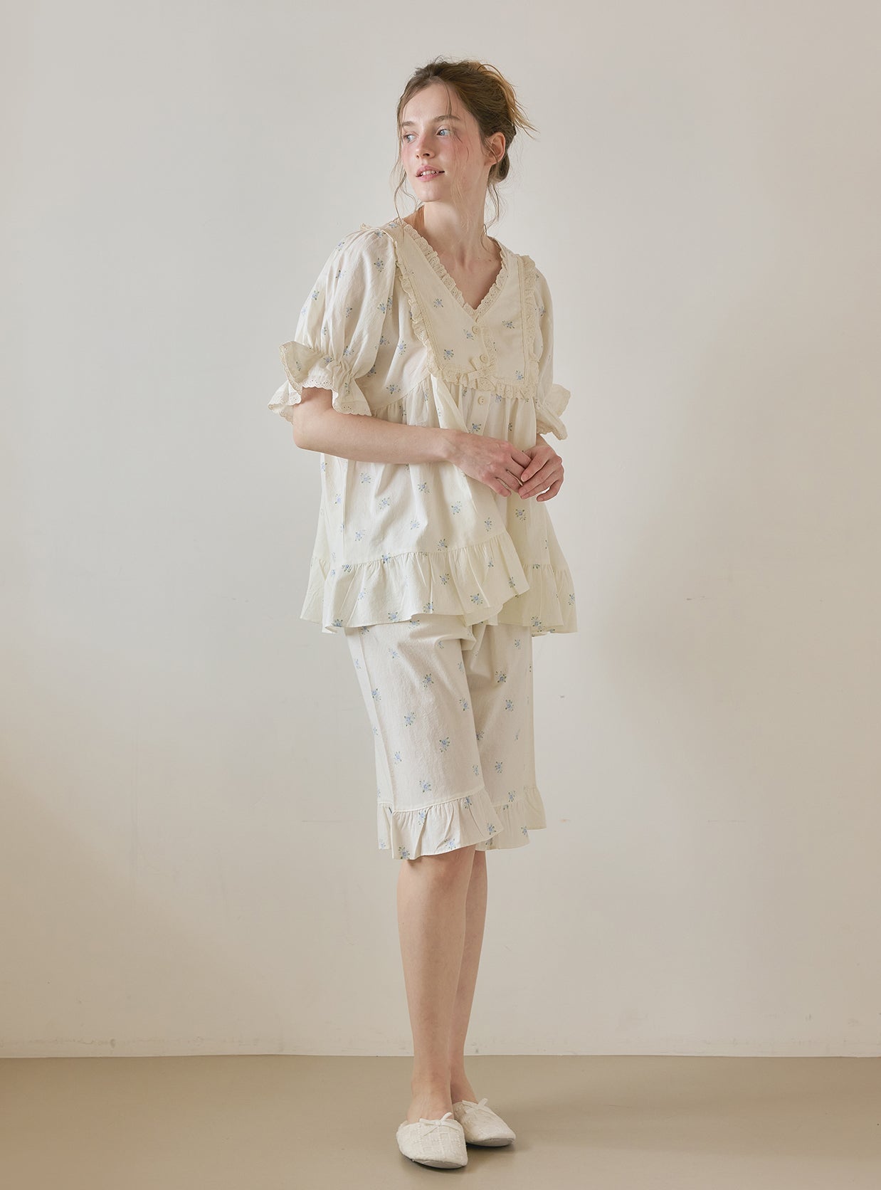 DeMarie Cotton Short Sleeve V - Neck Pajama Set - premium Korean sleepwear by LUNALUZ