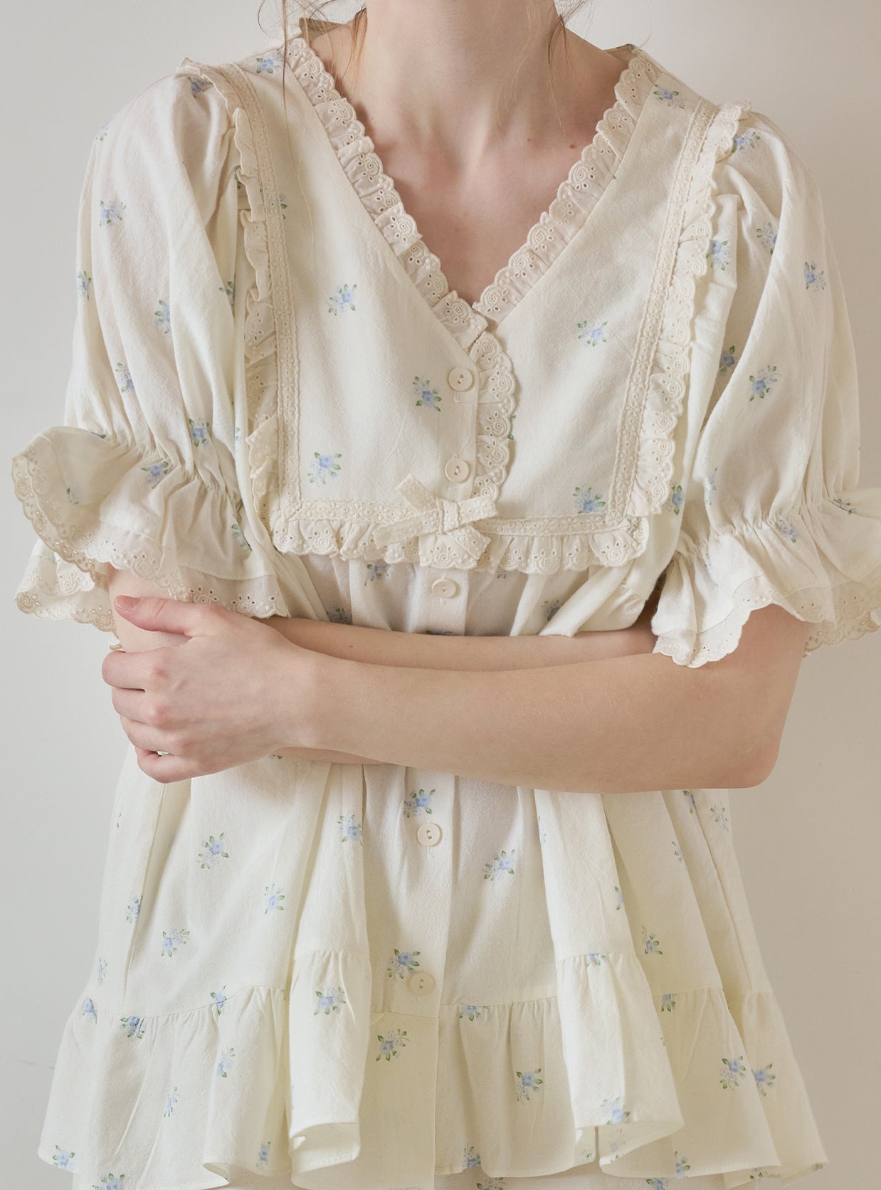 DeMarie Cotton Short Sleeve V - Neck Pajama Set - premium Korean sleepwear by LUNALUZ