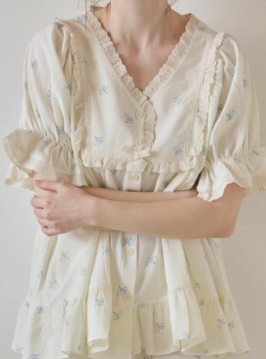 DeMarie Cotton Short Sleeve V - Neck Pajama Set - premium Korean sleepwear by LUNALUZ