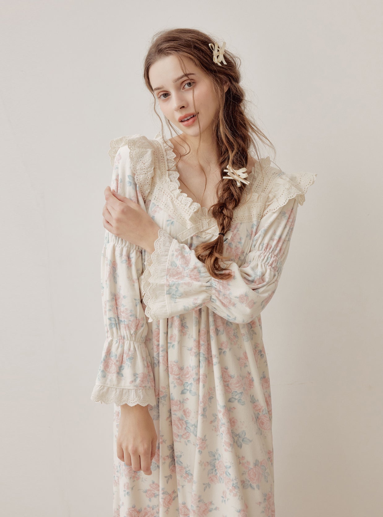 Eden Rose Minky Span Long - Sleeve Square - Neck Nightdress (2 Colors) - premium Korean sleepwear by LUNALUZ