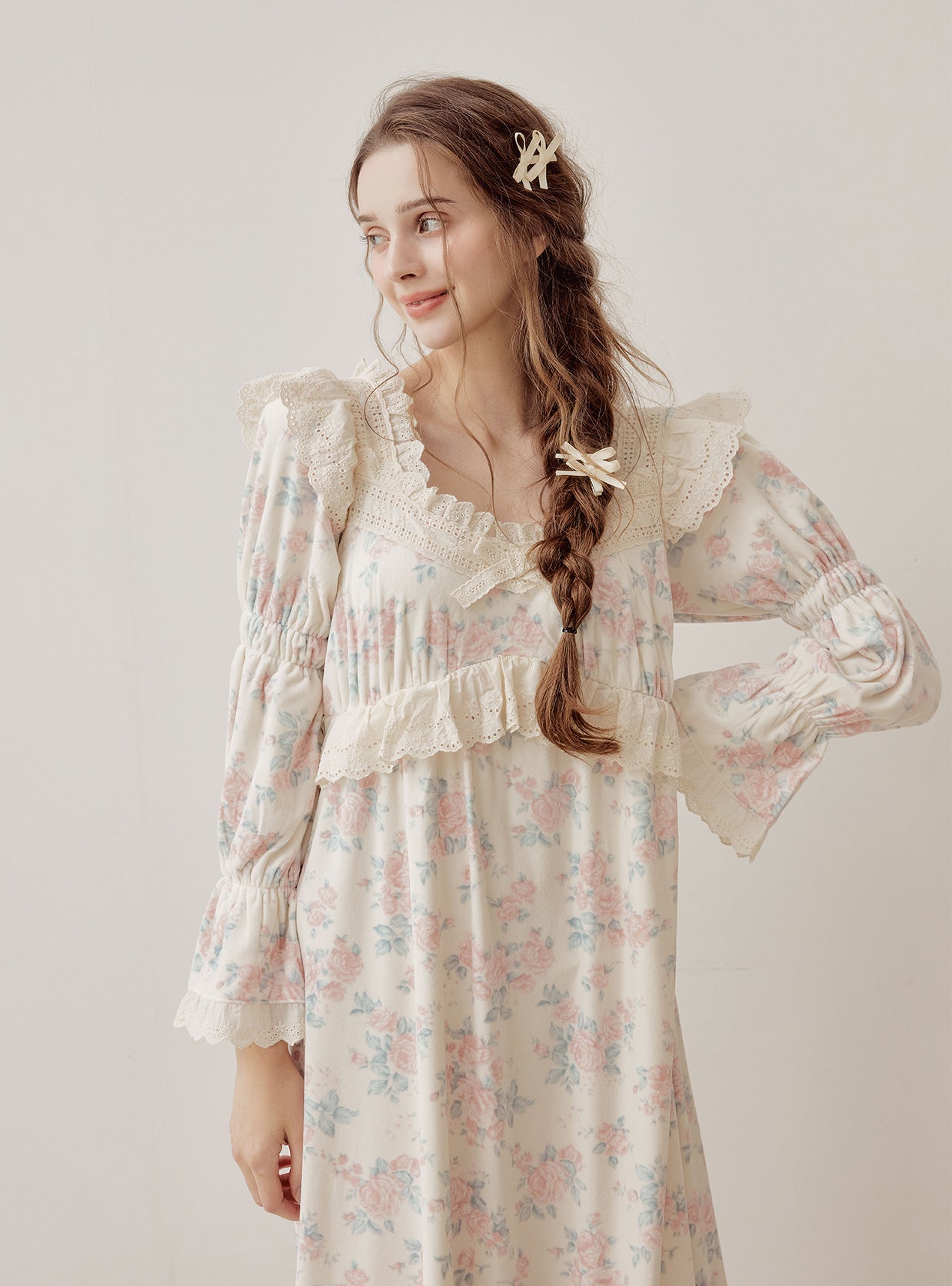 Eden Rose Minky Span Long - Sleeve Square - Neck Nightdress (2 Colors) - premium Korean sleepwear by LUNALUZ