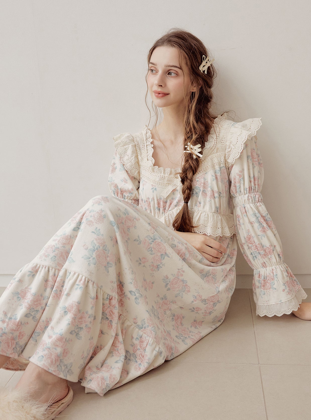 Eden Rose Minky Span Long - Sleeve Square - Neck Nightdress (2 Colors) - premium Korean sleepwear by LUNALUZ