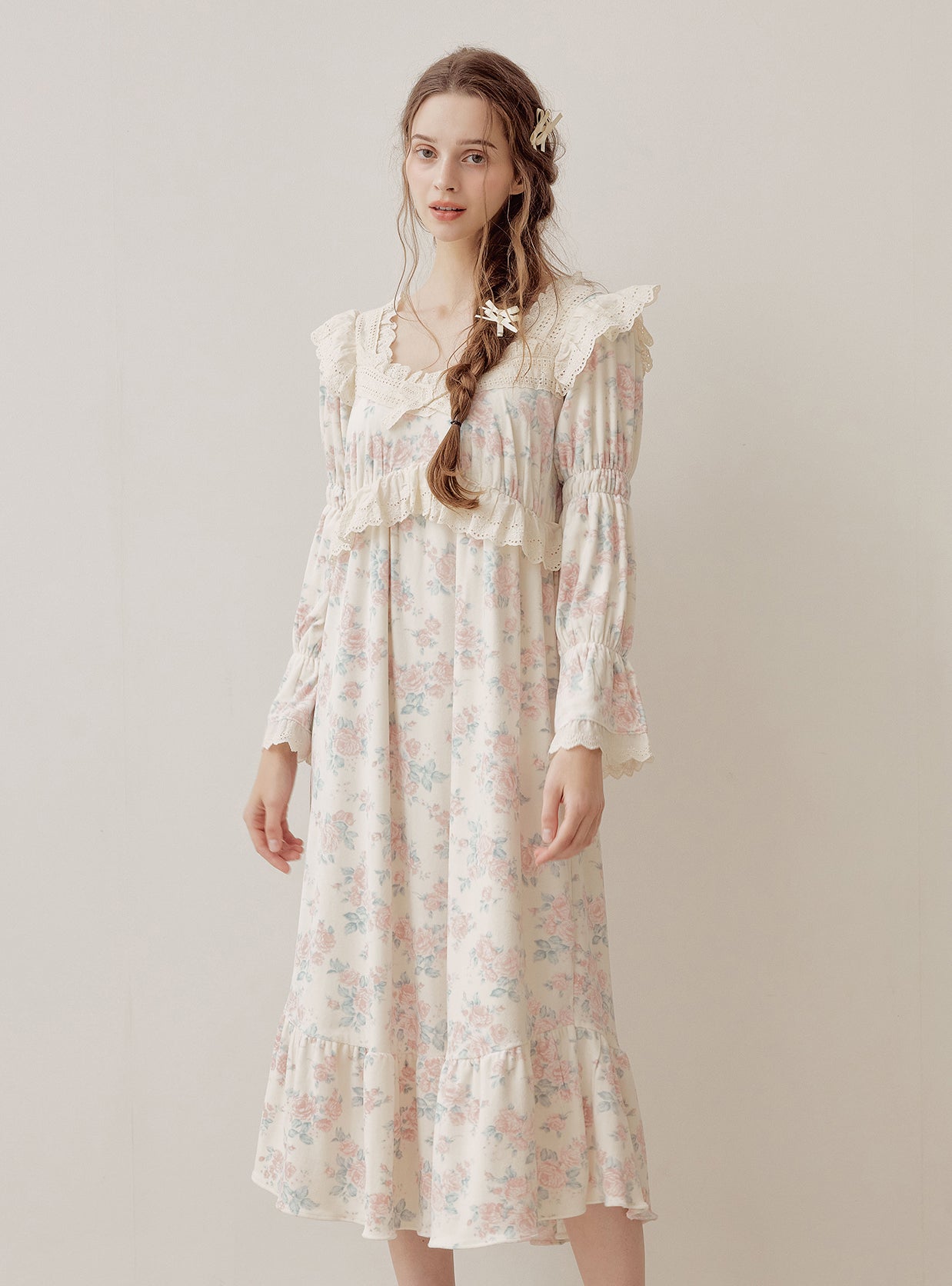 Eden Rose Minky Span Long - Sleeve Square - Neck Nightdress (2 Colors) - premium Korean sleepwear by LUNALUZ