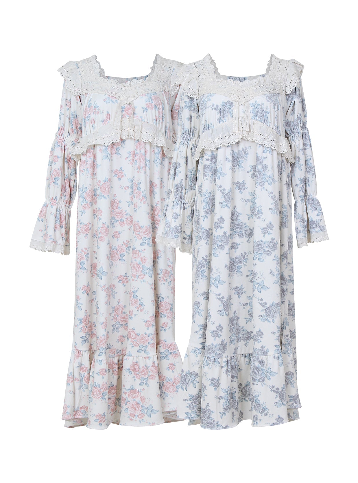 Eden Rose Minky Span Long - Sleeve Square - Neck Nightdress (2 Colors) - premium Korean sleepwear by LUNALUZ