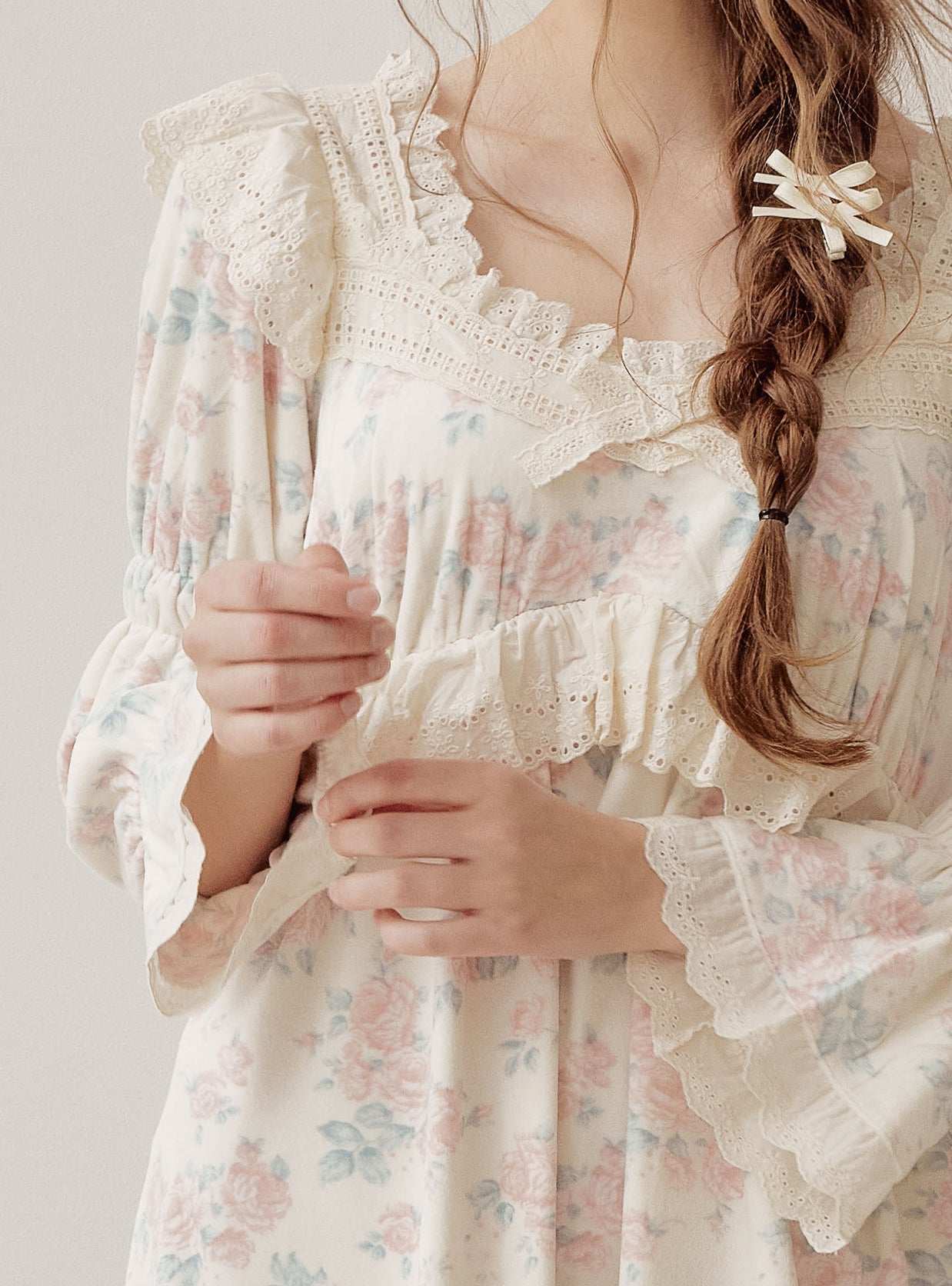 Eden Rose Minky Span Long - Sleeve Square - Neck Nightdress (2 Colors) - premium Korean sleepwear by LUNALUZ