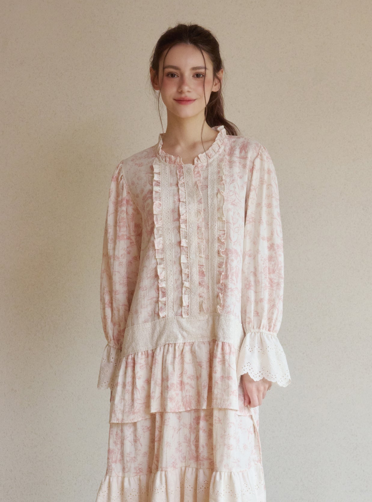 Elva Cotton Long - Sleeve Round - Neck Nightdress - premium Korean sleepwear by LUNALUZ