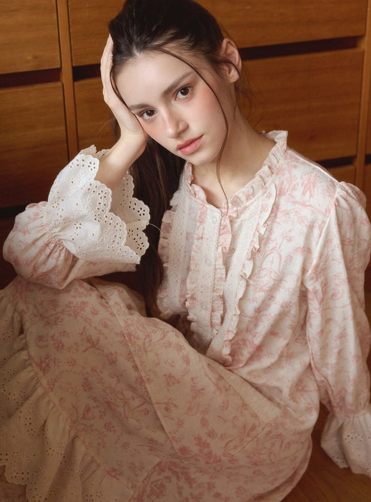 Elva Cotton Long - Sleeve Round - Neck Nightdress - premium Korean sleepwear by LUNALUZ