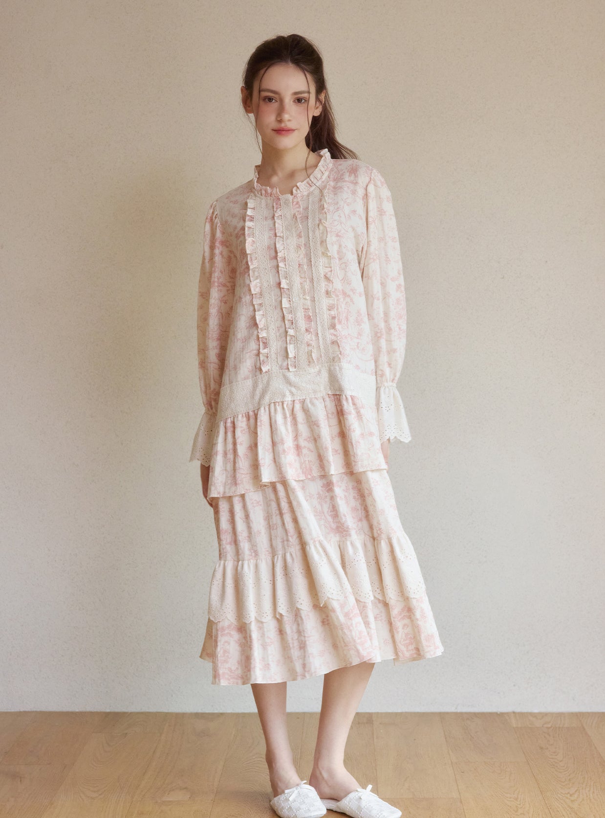 Elva Cotton Long - Sleeve Round - Neck Nightdress - premium Korean sleepwear by LUNALUZ