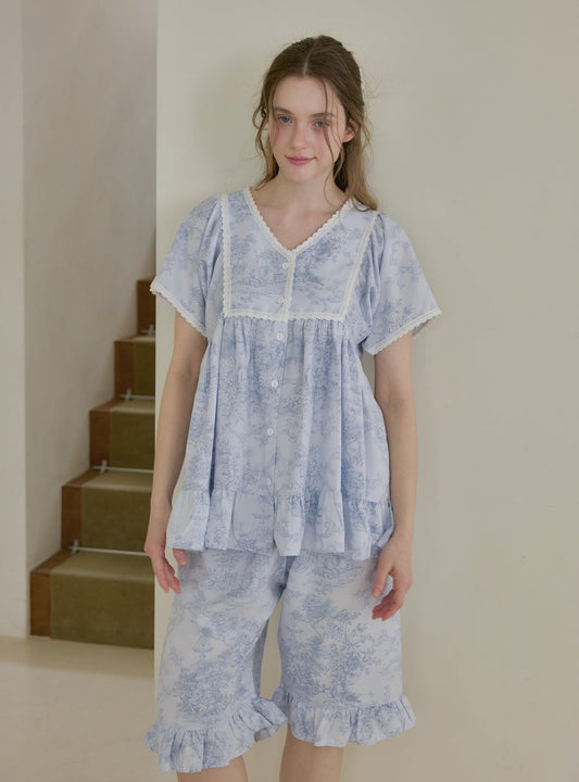 Garden Waltz Washed Short Sleeve V - Neck Pajama Set (2 Colors) - premium Korean sleepwear by LUNALUZ