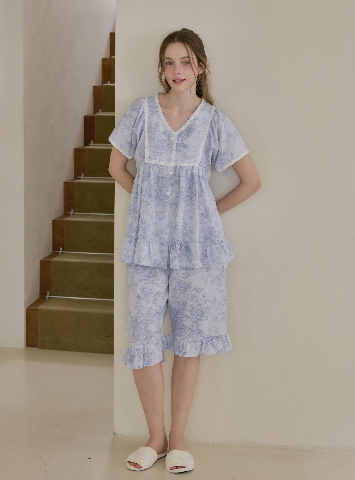 Garden Waltz Washed Short Sleeve V - Neck Pajama Set (2 Colors) - premium Korean sleepwear by LUNALUZ