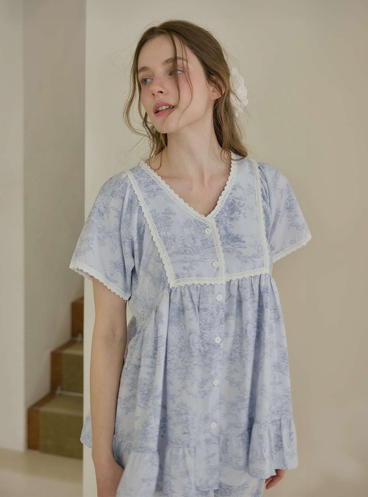 Garden Waltz Washed Short Sleeve V - Neck Pajama Set (2 Colors) - premium Korean sleepwear by LUNALUZ