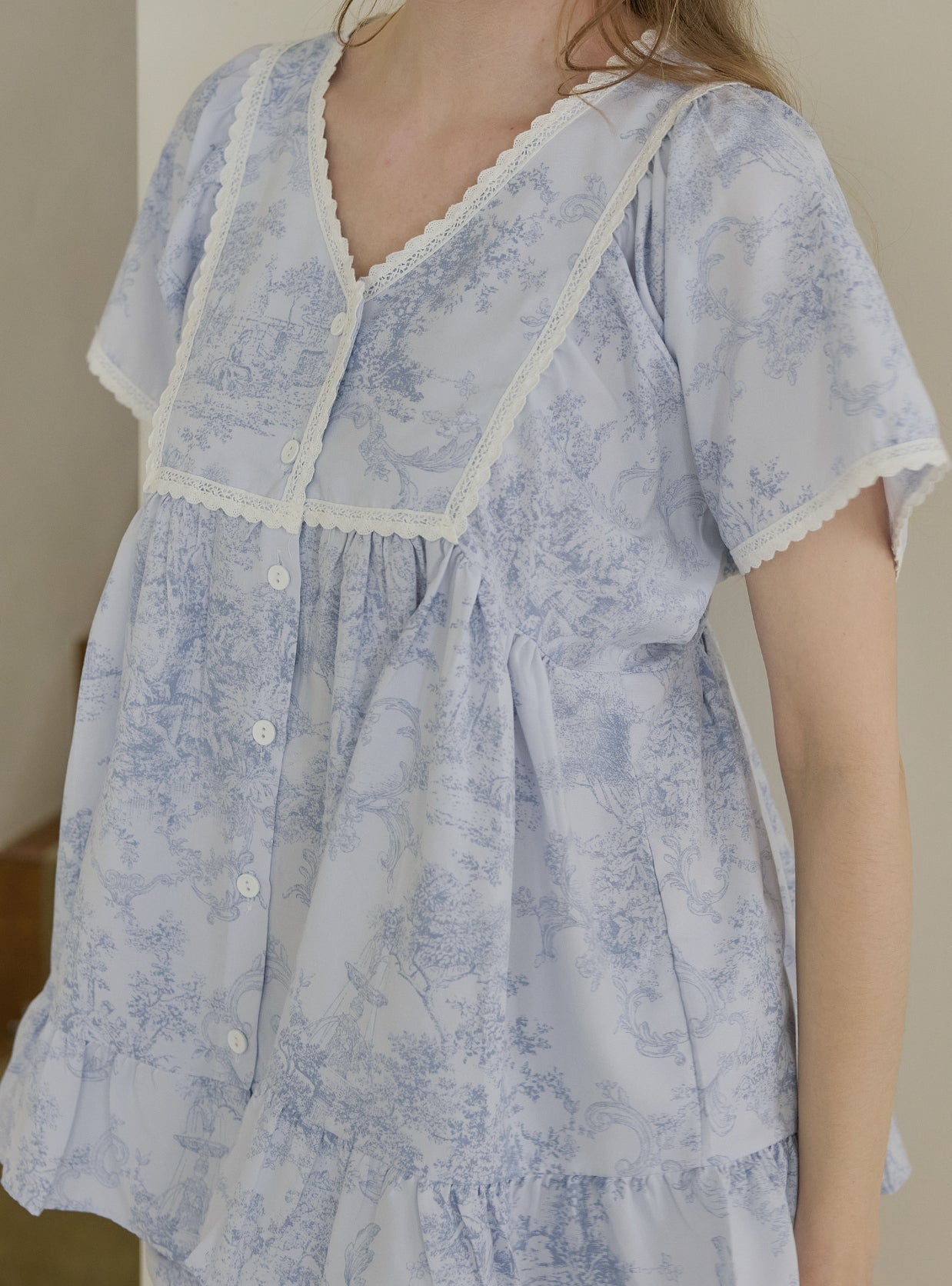 Garden Waltz Washed Short Sleeve V - Neck Pajama Set (2 Colors) - premium Korean sleepwear by LUNALUZ