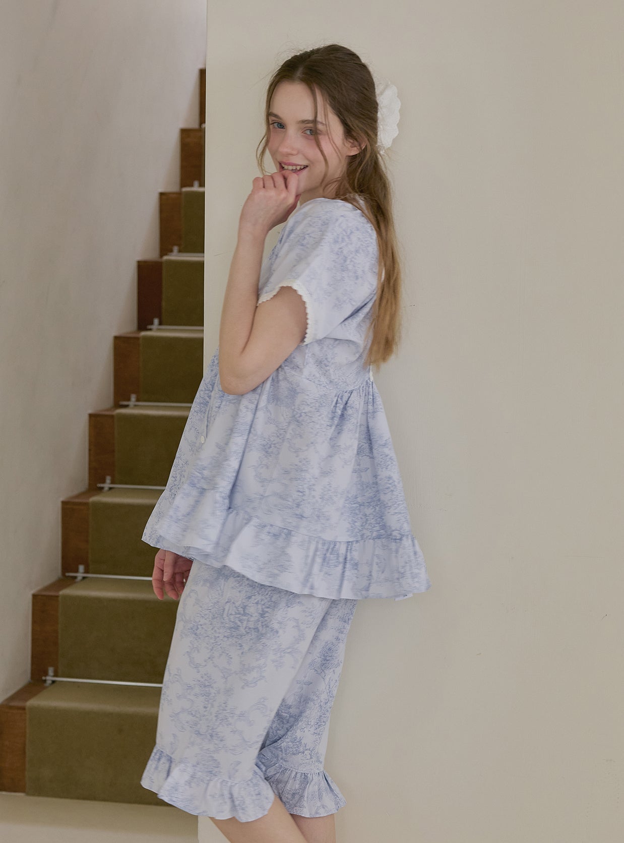 Garden Waltz Washed Short Sleeve V - Neck Pajama Set (2 Colors) - premium Korean sleepwear by LUNALUZ