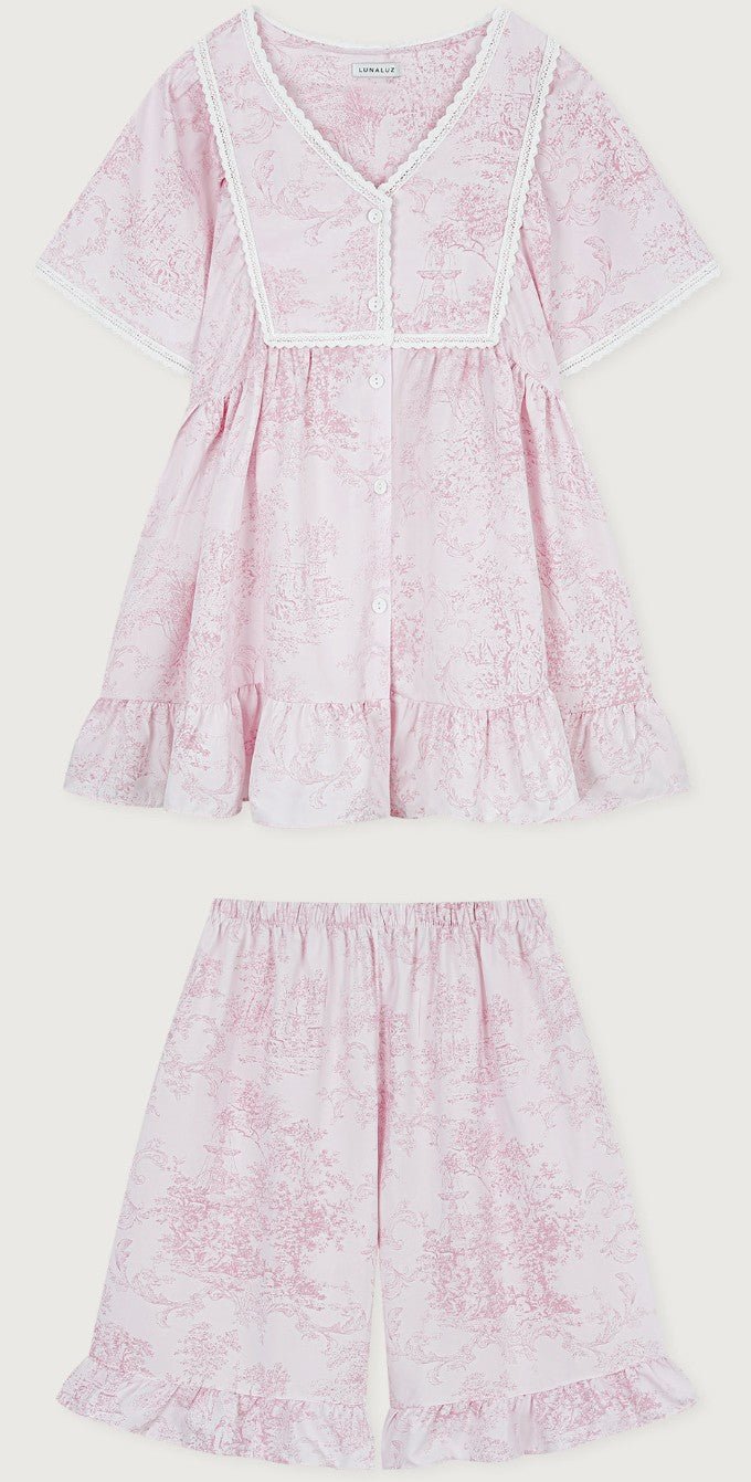 Garden Waltz Washed Short Sleeve V - Neck Pajama Set (2 Colors) - premium Korean sleepwear by LUNALUZ