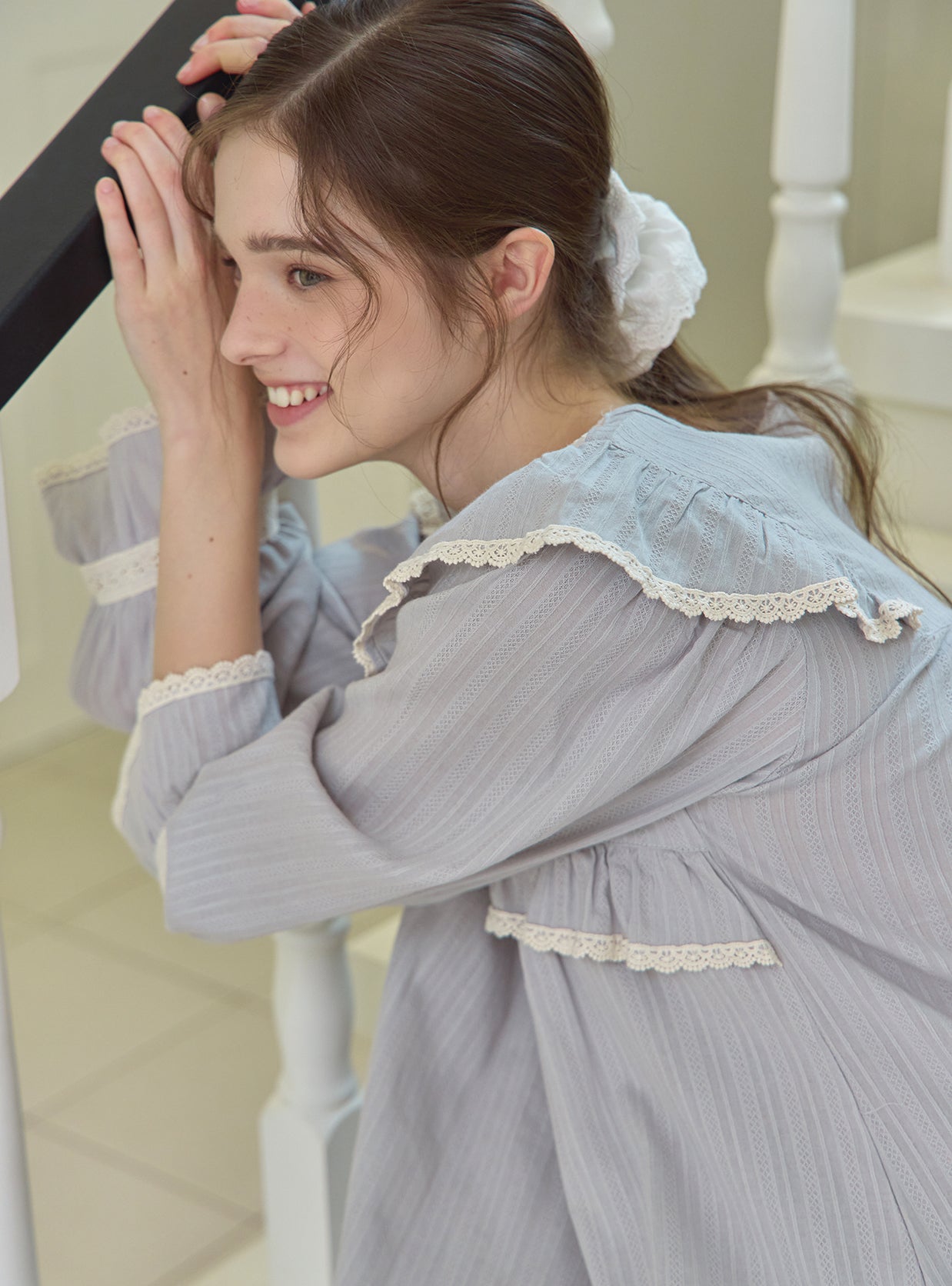 Grace Cotton V - Neck Long - Sleeve Nightdress - premium Korean sleepwear by LUNALUZ