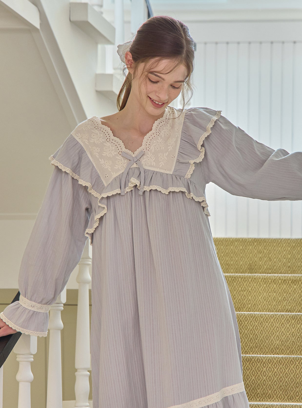 Grace Cotton V - Neck Long - Sleeve Nightdress - premium Korean sleepwear by LUNALUZ