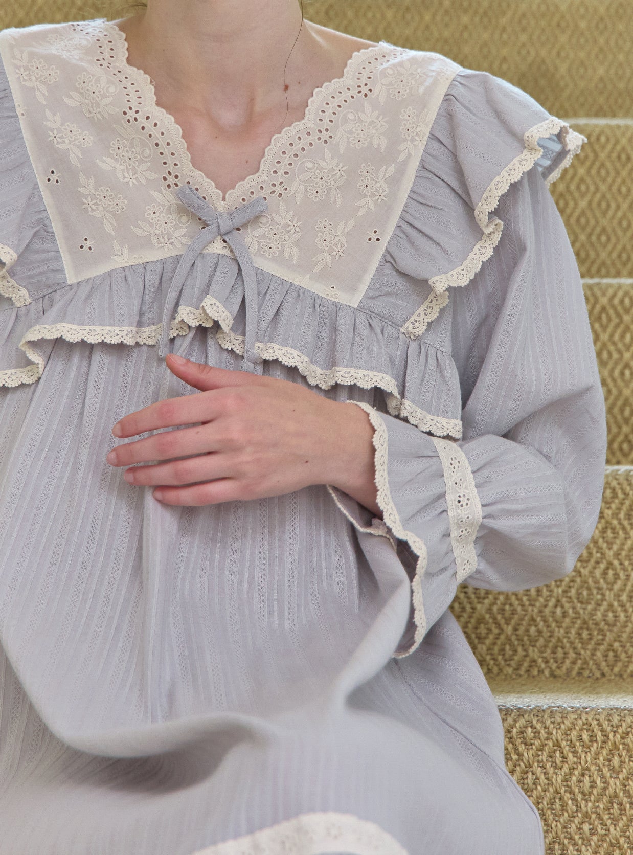 Grace Cotton V - Neck Long - Sleeve Nightdress - premium Korean sleepwear by LUNALUZ