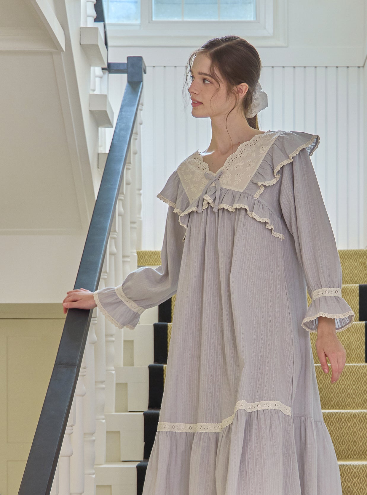 Grace Cotton V - Neck Long - Sleeve Nightdress - premium Korean sleepwear by LUNALUZ