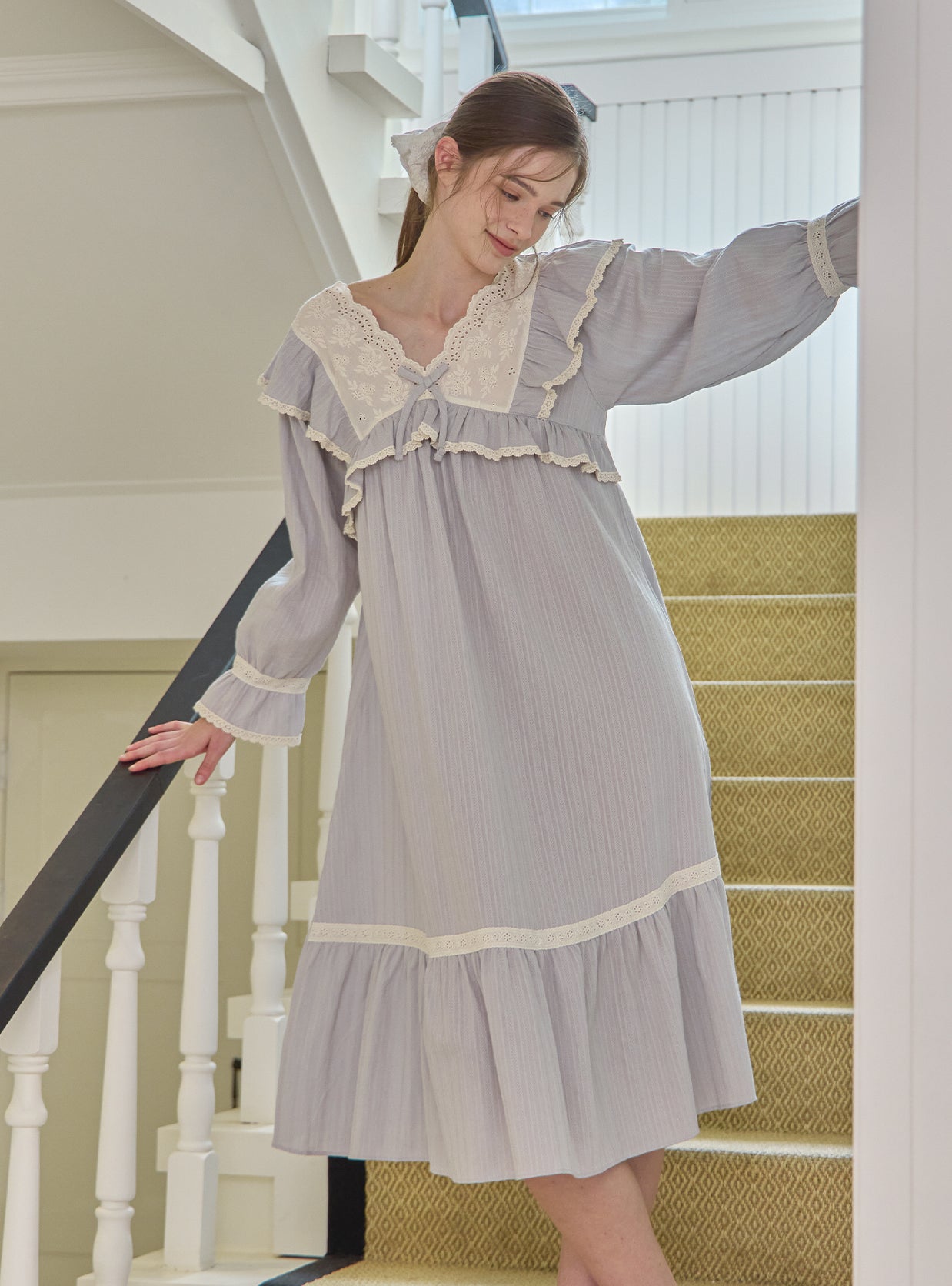 Grace Cotton V - Neck Long - Sleeve Nightdress - premium Korean sleepwear by LUNALUZ