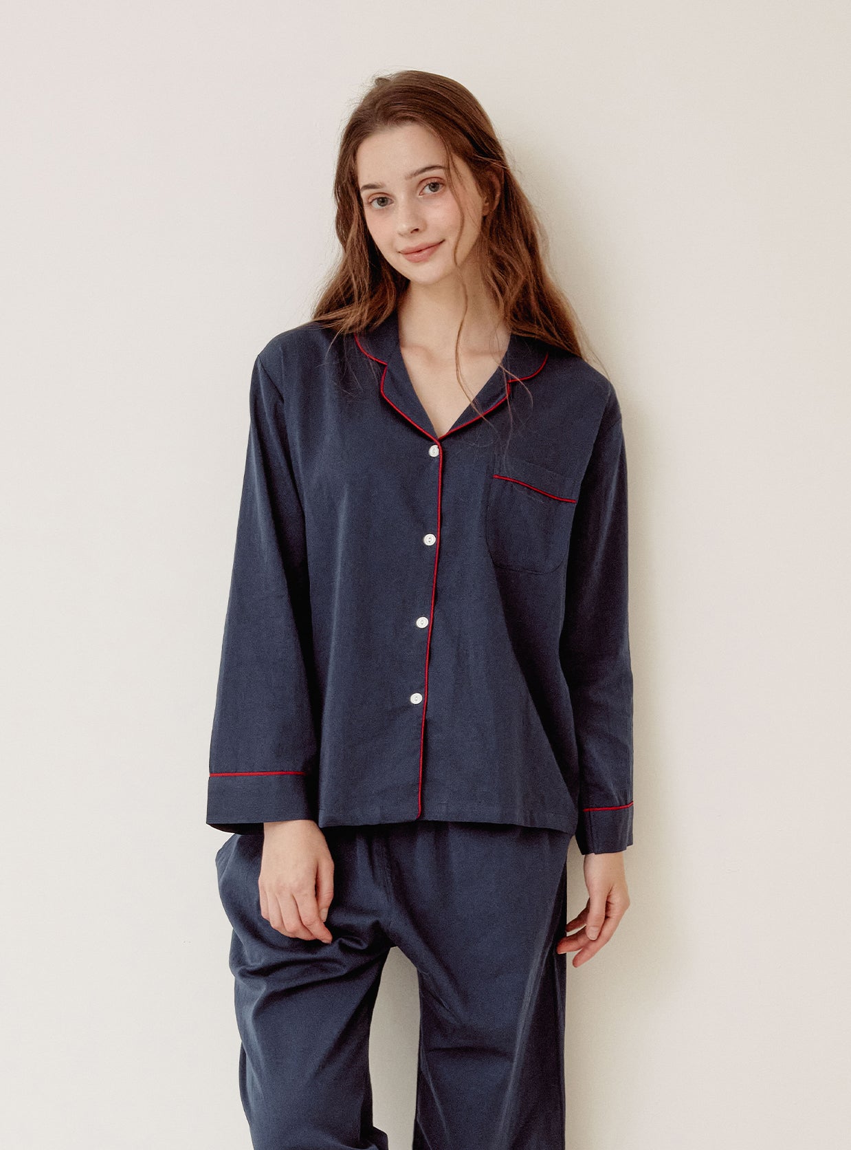 Helen Washed Cotton Collar Long - Sleeve Pajama Set - premium Korean sleepwear by LUNALUZ