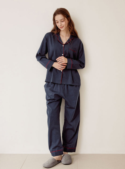 Helen Washed Cotton Collar Long - Sleeve Pajama Set - premium Korean sleepwear by LUNALUZ