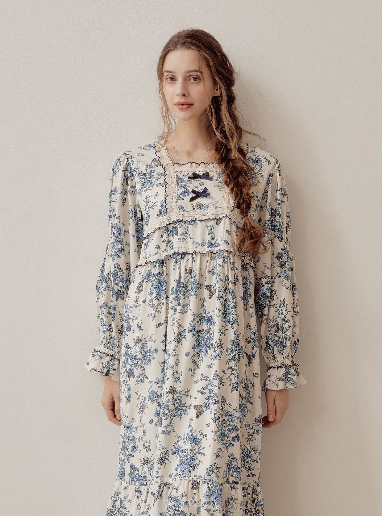 Jardin Modal Cotton Square - Neck Long - Sleeve Nightdress - premium Korean sleepwear by LUNALUZ