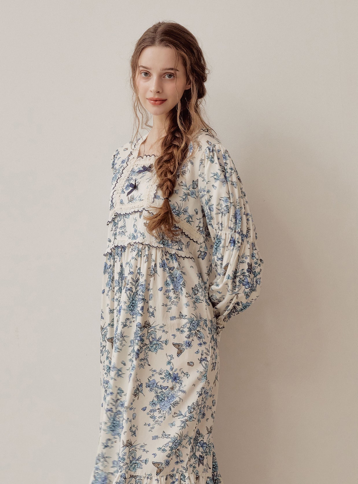 Jardin Modal Cotton Square - Neck Long - Sleeve Nightdress - premium Korean sleepwear by LUNALUZ