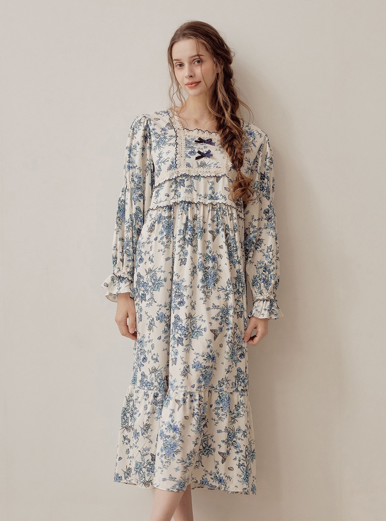 Jardin Modal Cotton Square - Neck Long - Sleeve Nightdress - premium Korean sleepwear by LUNALUZ