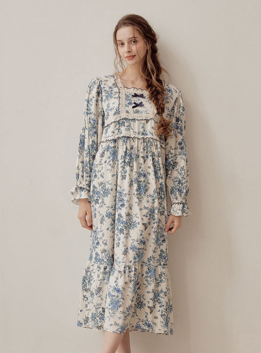 Jardin Modal Cotton Square - Neck Long - Sleeve Nightdress - premium Korean sleepwear by LUNALUZ