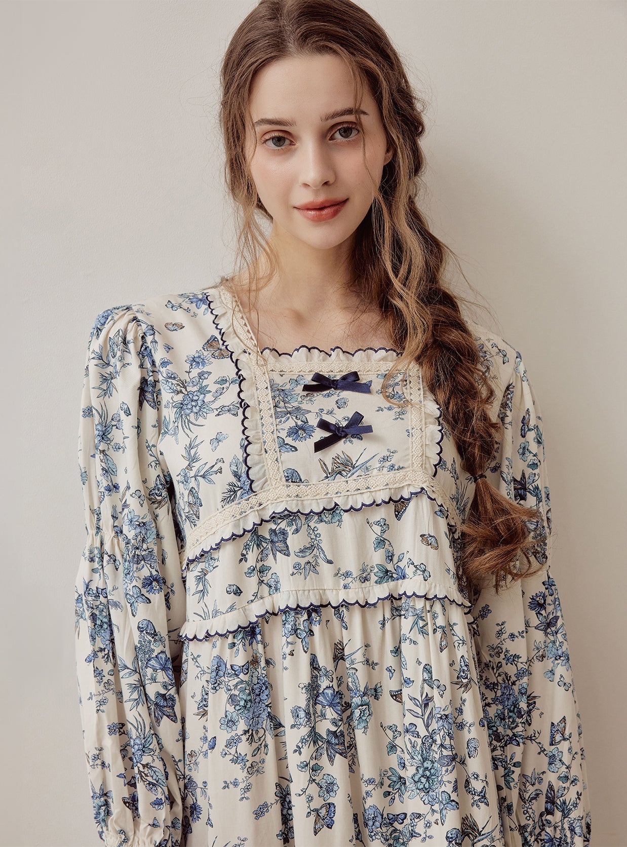 Jardin Modal Cotton Square - Neck Long - Sleeve Nightdress - premium Korean sleepwear by LUNALUZ