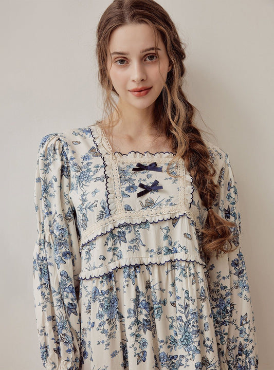 Jardin Modal Cotton Square - Neck Long - Sleeve Nightdress - premium Korean sleepwear by LUNALUZ