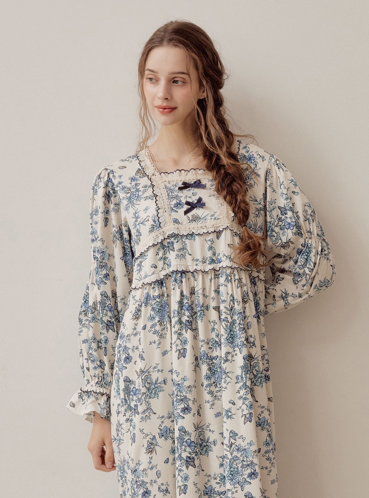 Jardin Modal Cotton Square - Neck Long - Sleeve Nightdress - premium Korean sleepwear by LUNALUZ
