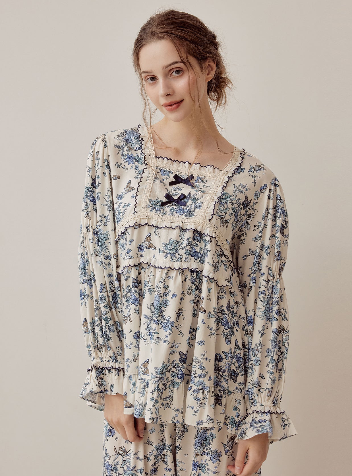 Jardin Modal Cotton Square - Neck Long - Sleeve Pajama Set - premium Korean sleepwear by LUNALUZ