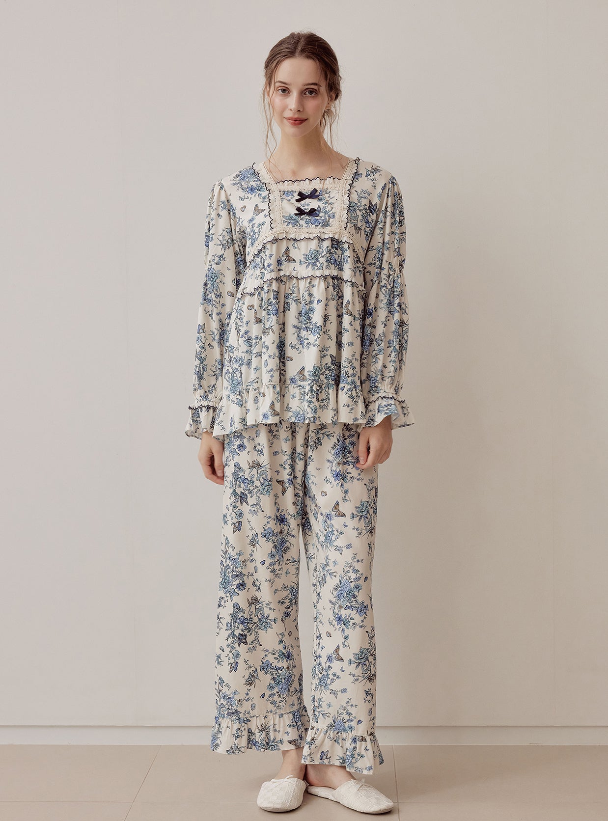 Jardin Modal Cotton Square - Neck Long - Sleeve Pajama Set - premium Korean sleepwear by LUNALUZ