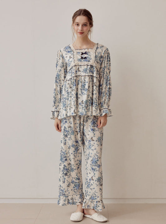 Jardin Modal Cotton Square - Neck Long - Sleeve Pajama Set - premium Korean sleepwear by LUNALUZ