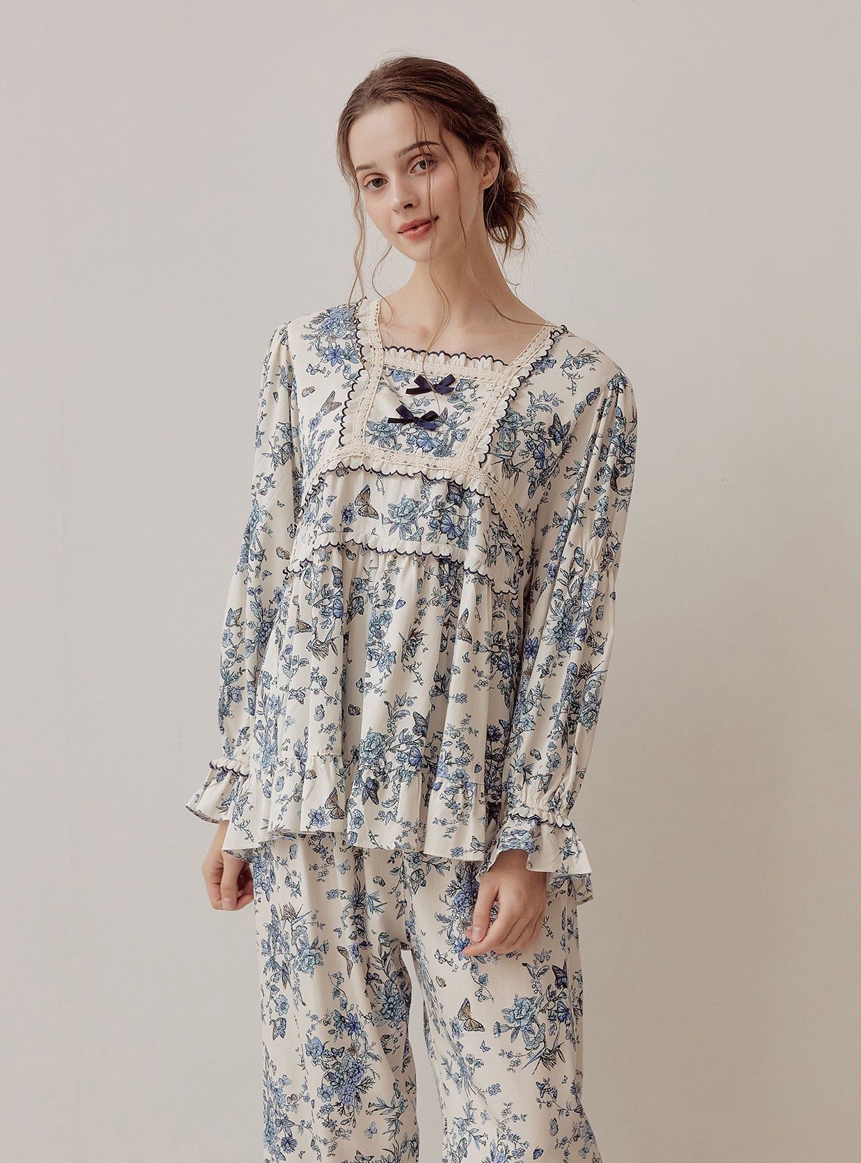 Jardin Modal Cotton Square - Neck Long - Sleeve Pajama Set - premium Korean sleepwear by LUNALUZ
