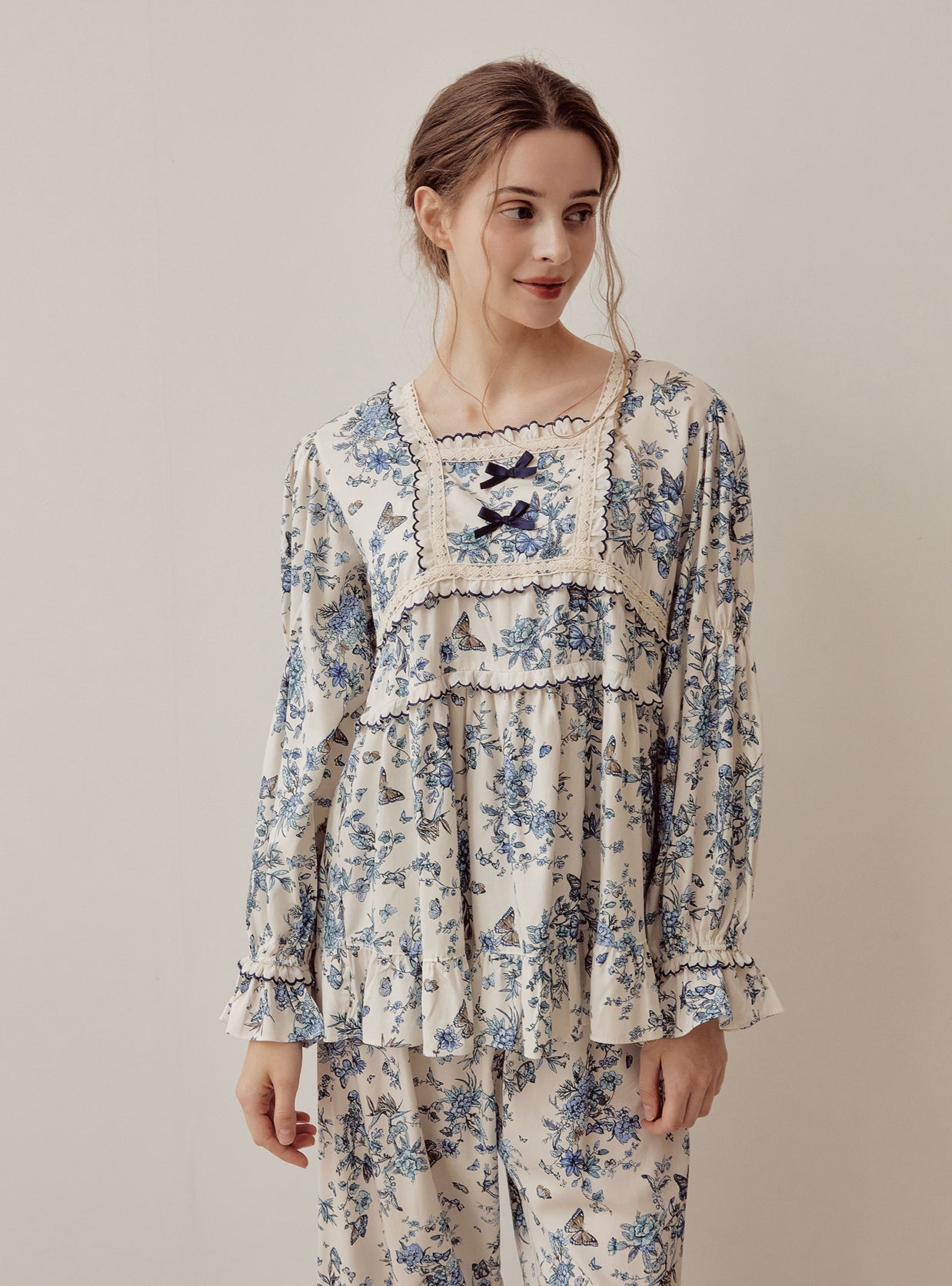 Jardin Modal Cotton Square - Neck Long - Sleeve Pajama Set - premium Korean sleepwear by LUNALUZ