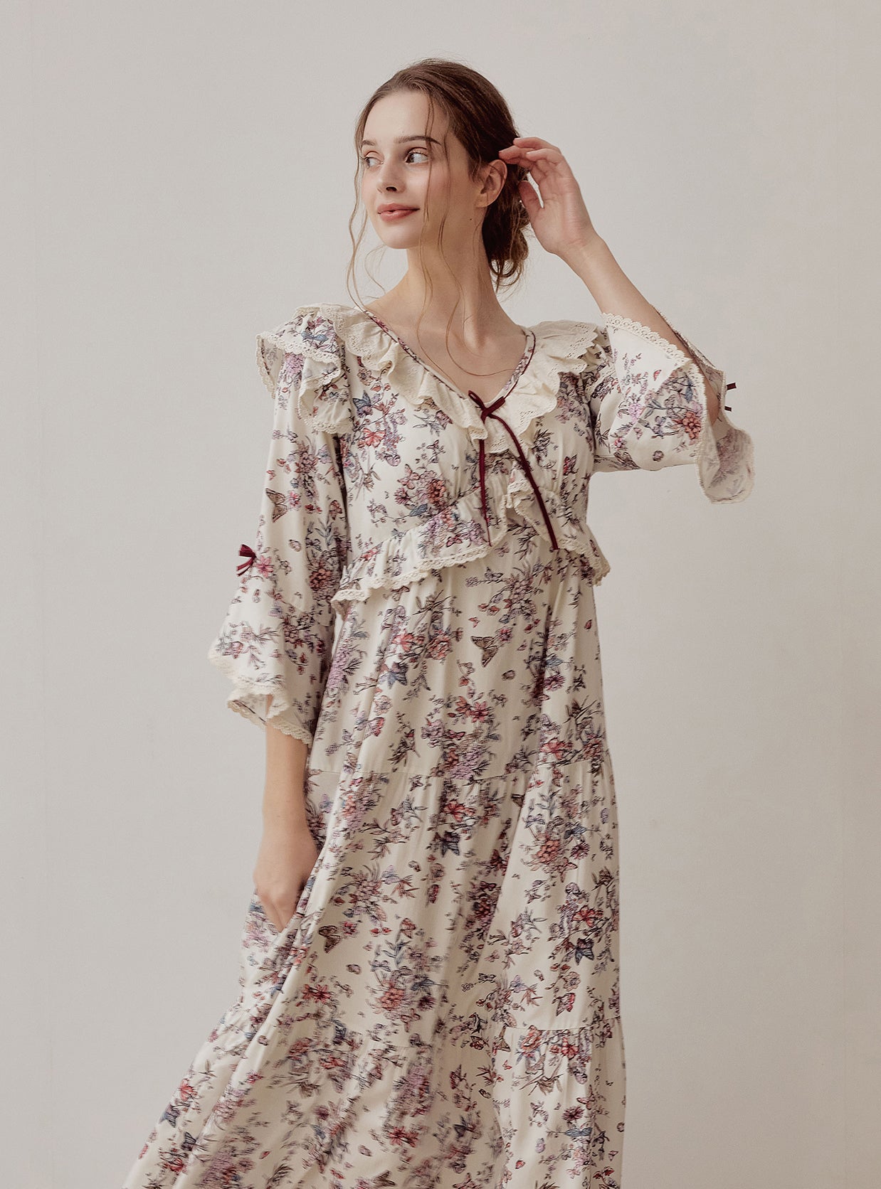 Jardin Modal Cotton V - Neck Long - Sleeve Nightdress - premium Korean sleepwear by LUNALUZ