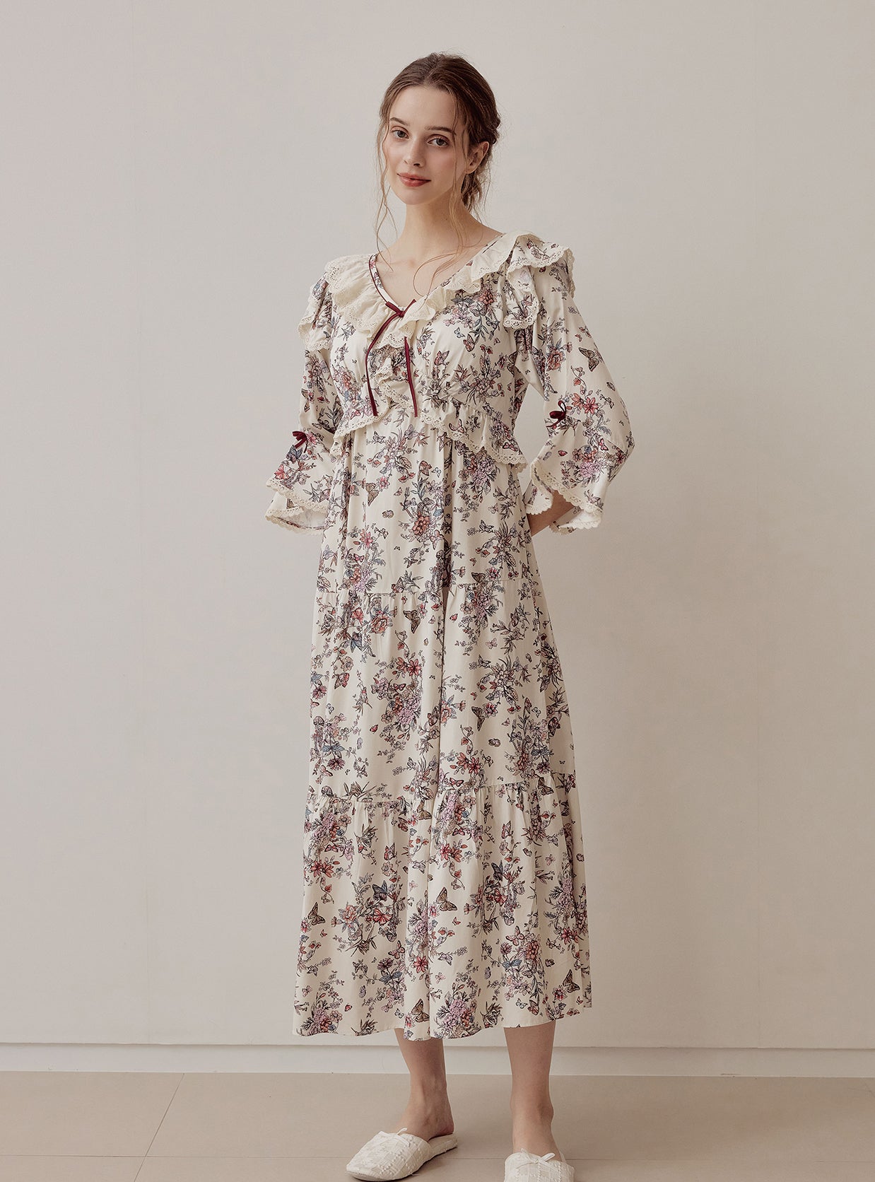 Jardin Modal Cotton V - Neck Long - Sleeve Nightdress - premium Korean sleepwear by LUNALUZ