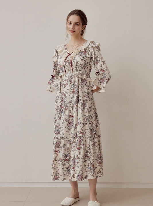 Jardin Modal Cotton V - Neck Long - Sleeve Nightdress - premium Korean sleepwear by LUNALUZ