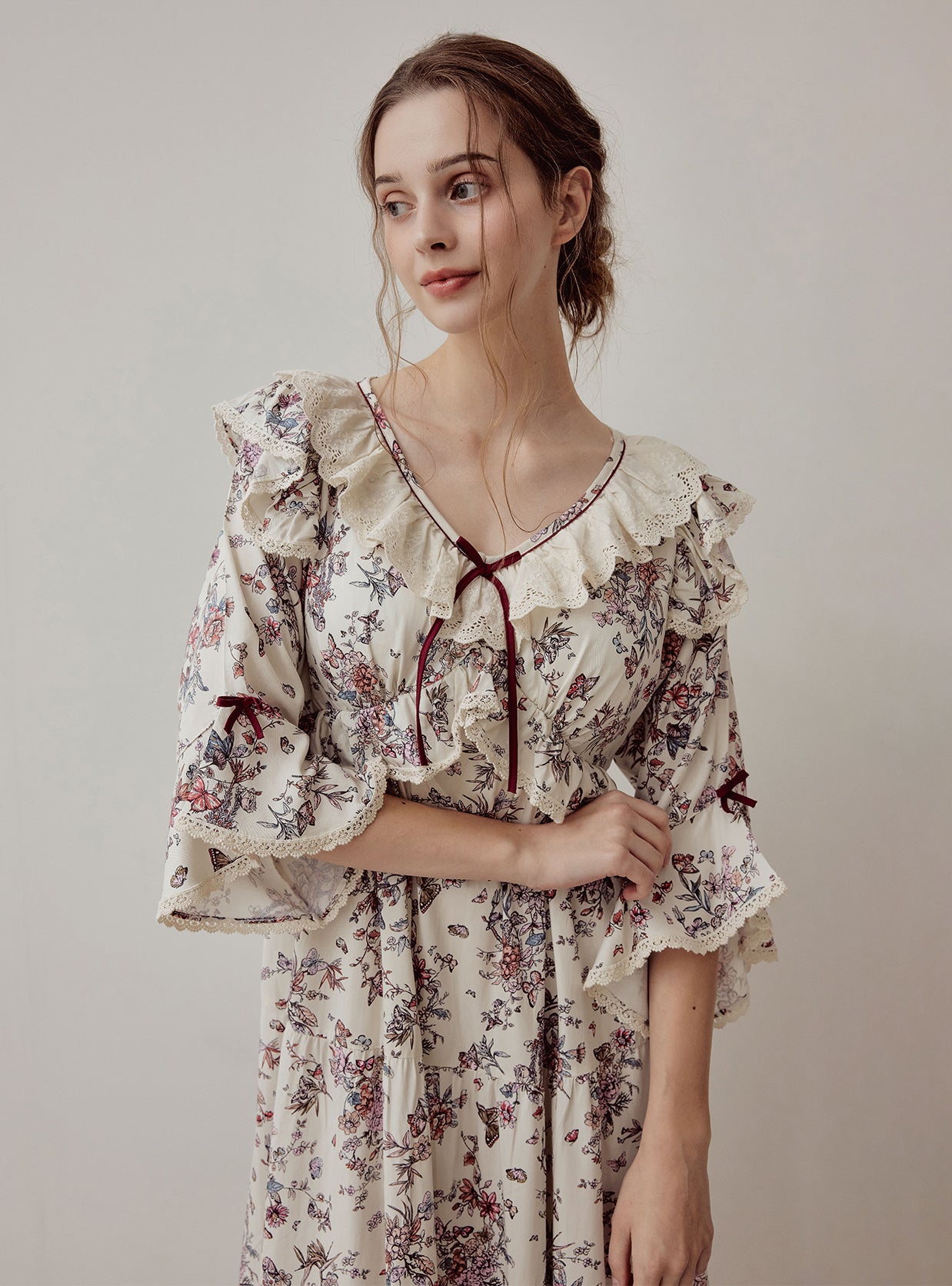 Jardin Modal Cotton V - Neck Long - Sleeve Nightdress - premium Korean sleepwear by LUNALUZ