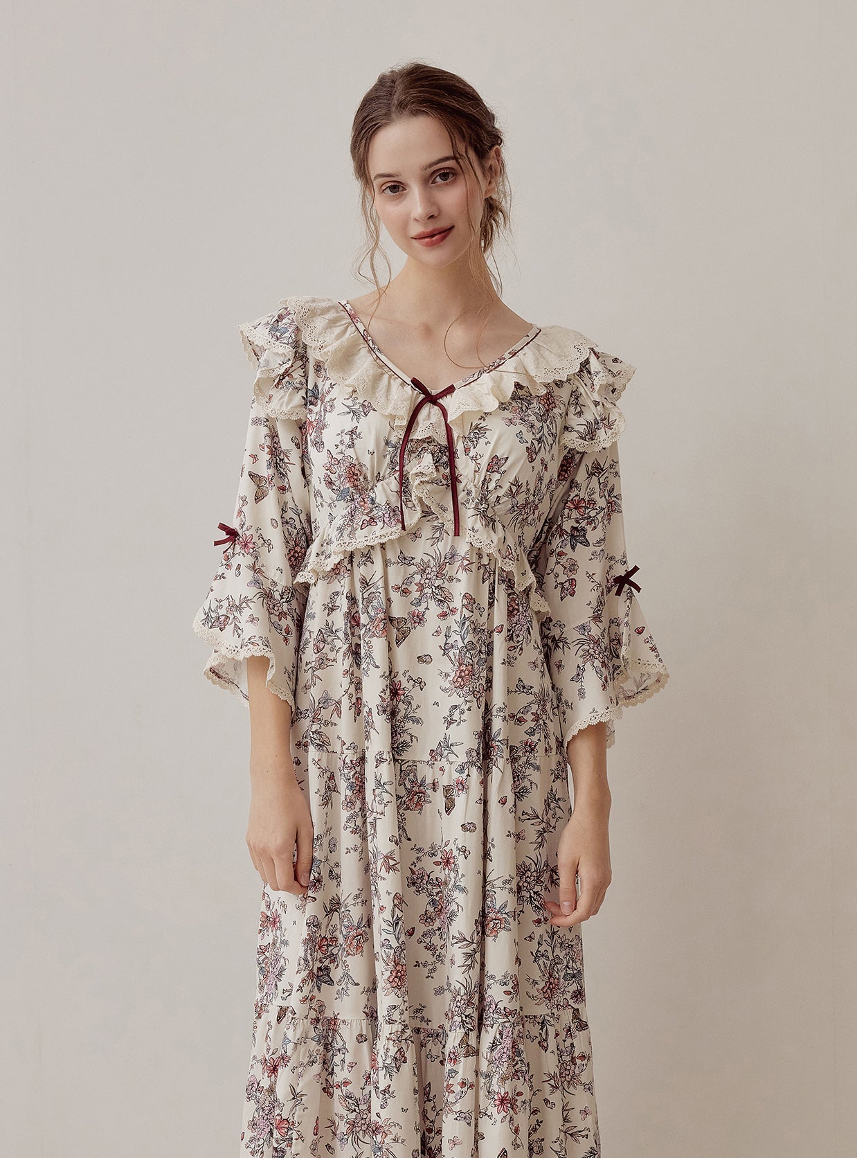 Jardin Modal Cotton V - Neck Long - Sleeve Nightdress - premium Korean sleepwear by LUNALUZ